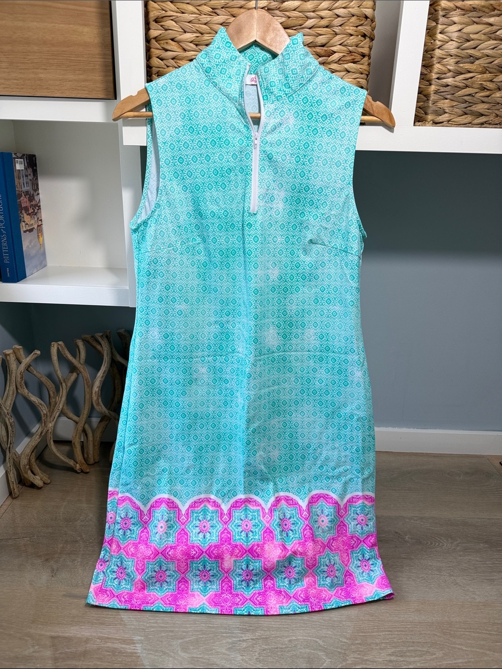 Aryeh Mint Aqua Sleeveless Polo Dress with Pink Border